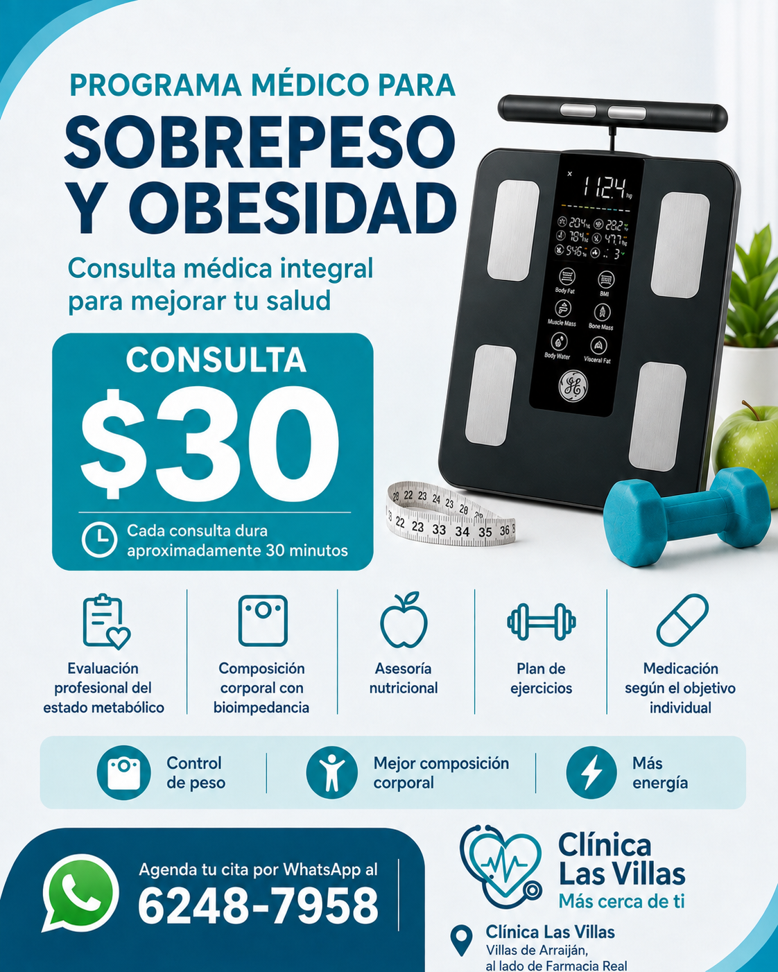 Programa médico para sobrepeso y obesidad de Clínica Las Villas con evaluación metabólica y medición por bioimpedancia